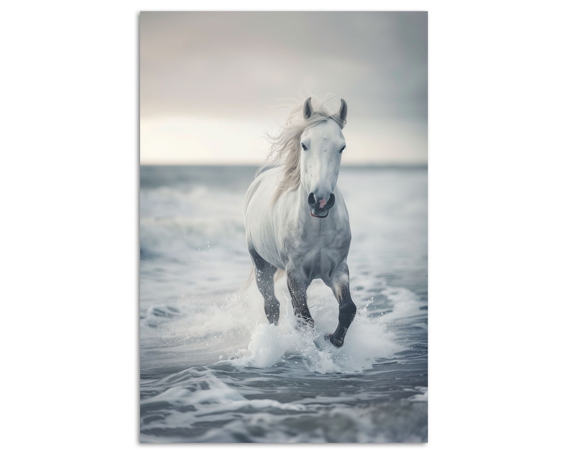 White Horse Galloping Through Ocean Waves Coastal Photo Art Poster - Image 5