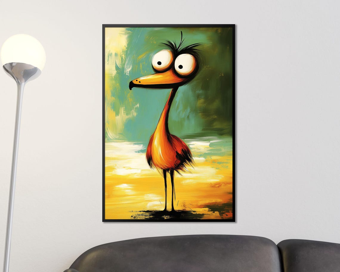 Quirky Funny Flamingo Bird Long Beak Whimsical Teal Painting Poster - Image 4