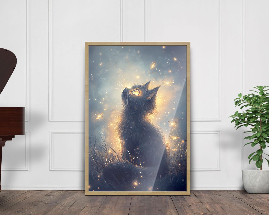 Black Cat Silhouette Fireflies Glowing Blue Night Sky Wall Art - Image 7