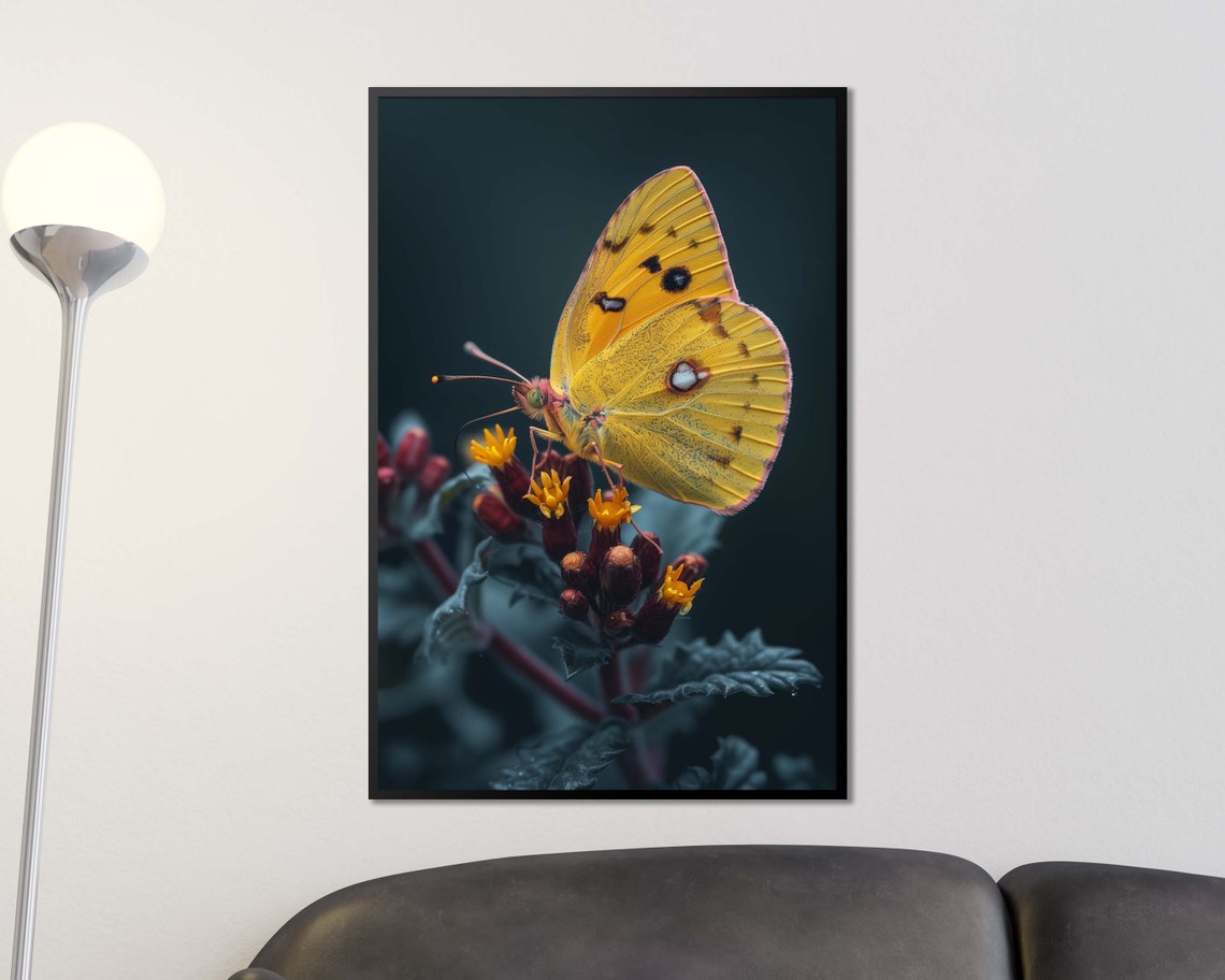 Golden Yellow Butterfly On Flowers Dark Background Macro Nature Poster - Image 3