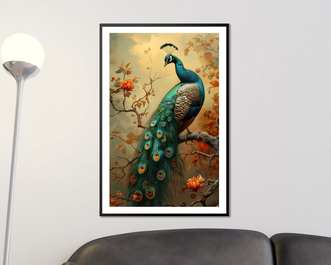 Majestic Peacock Perched On Blooming Branch Autumn Blossom Bird Poster