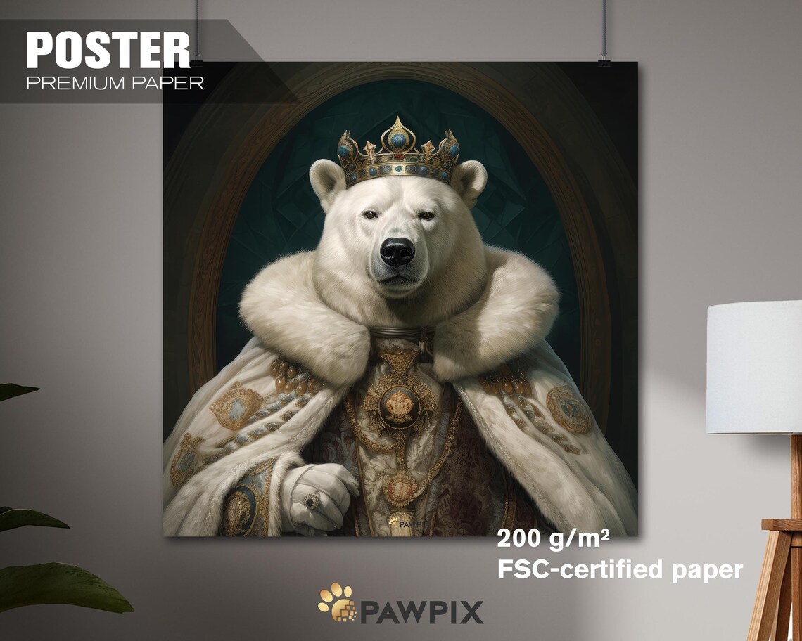 Majestic Crowned Polar Bear King White Fur Cape Royal Animal Portrait Art - Image 4
