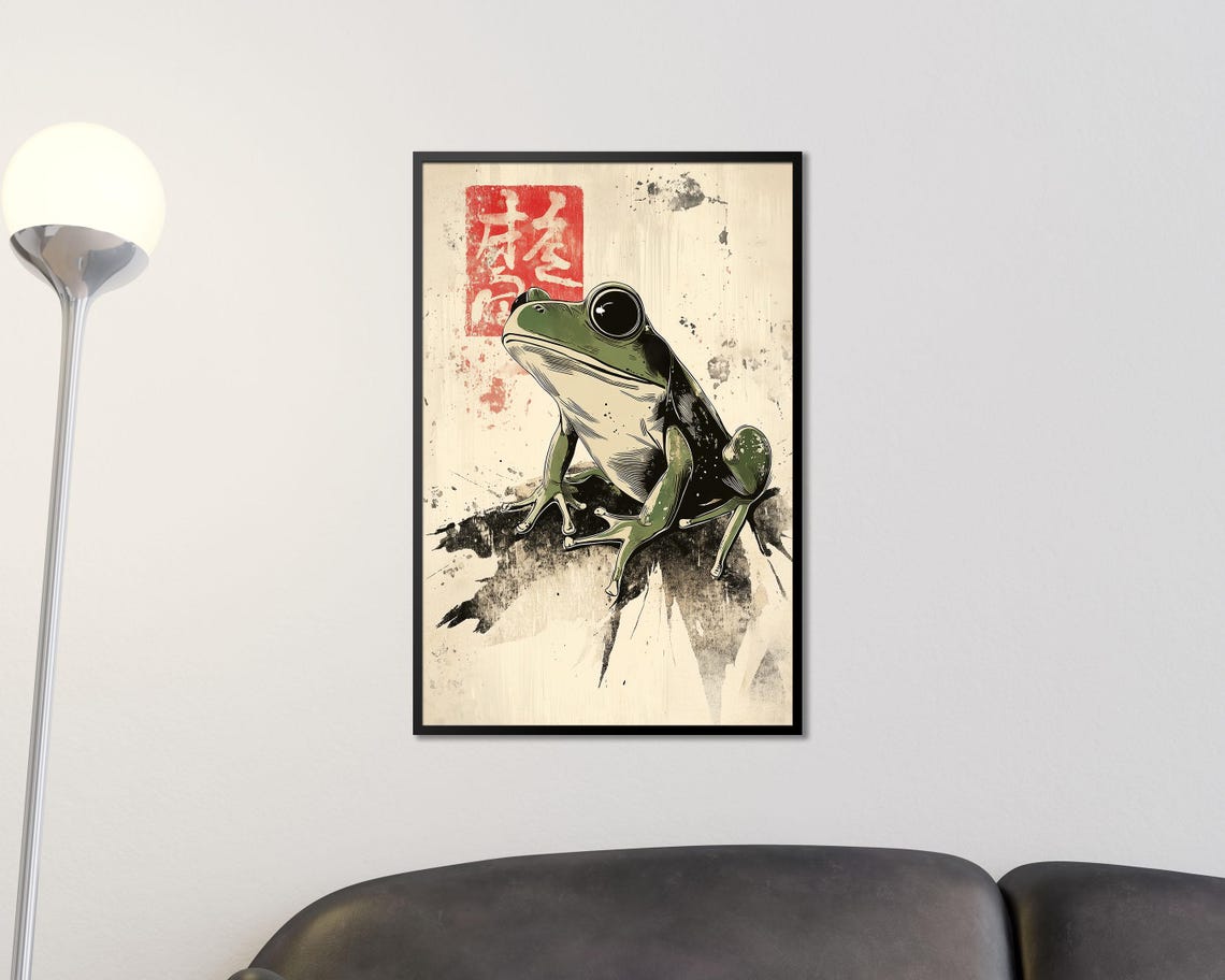 Japanese Woodblock Style Green Tree Frog Red Seal Stamp Wall Art - Image 3