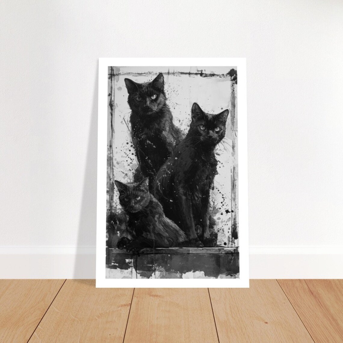 Chat Noir 9 Three Black Cats Expressive Textured Gothic Grunge Art Poster - Image 3