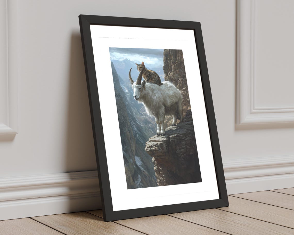 Mountain Goat Cliff Edge with Cat Riding Back Surreal Animal Poster - Image 7