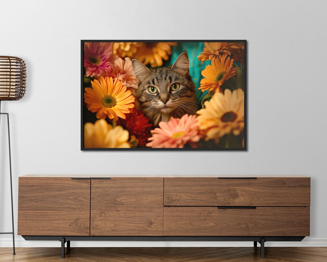 Tabby Cat Among Colorful Gerbera Daisies Floral Feline Art Poster - Image 4