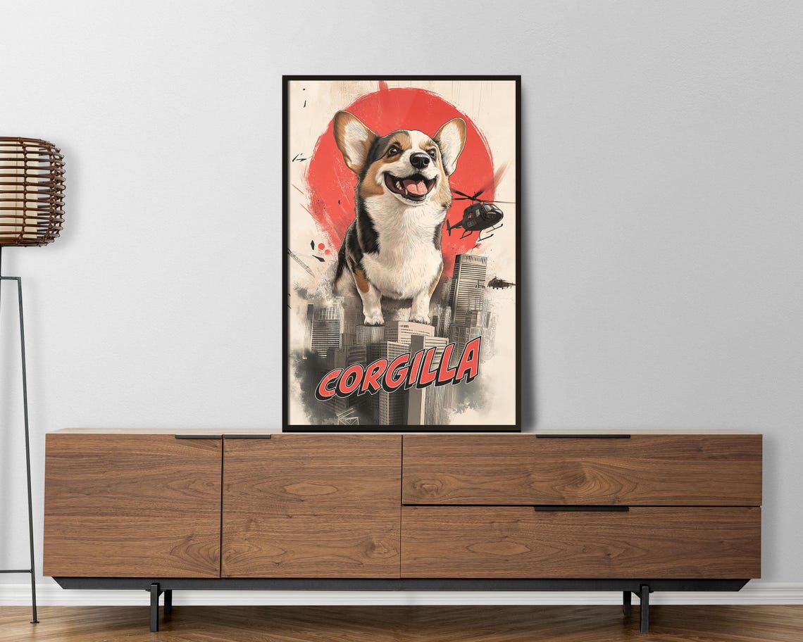 Corgilla Giant Corgi Monster Movie Parody Funny Wall Art Poster