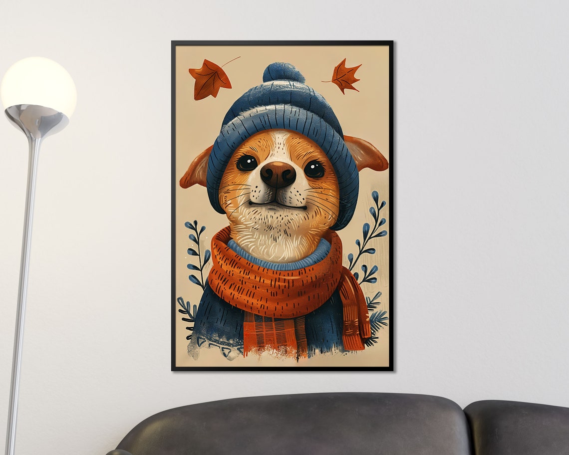 Cute Dog In Blue Knit Hat And Orange Scarf Autumn Wall Art Print - Image 3