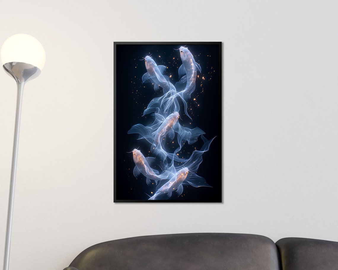 Ethereal White Koi Fish Swimming Black Background Gold Zen Art Print