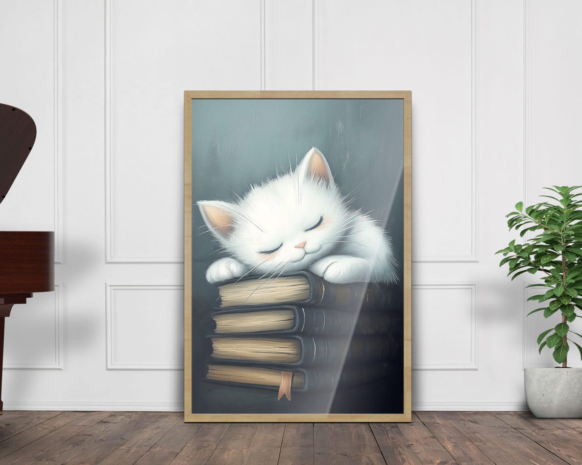 Sleeping White Kitten on Stack of Books Cozy Reading Wall Art - Image 7
