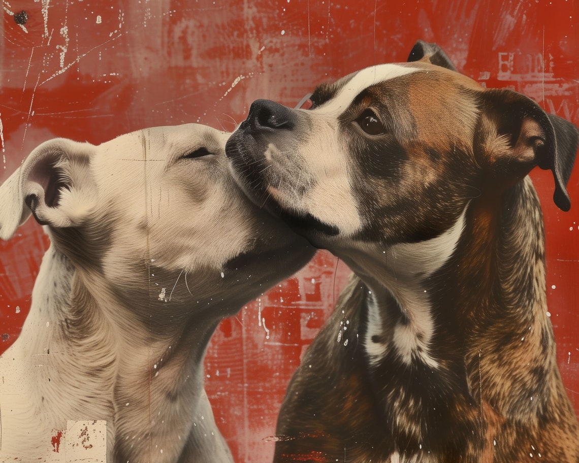 Two Sweet Boxers In Love Retro Red Grunge Dog Wall Art Print - Image 2