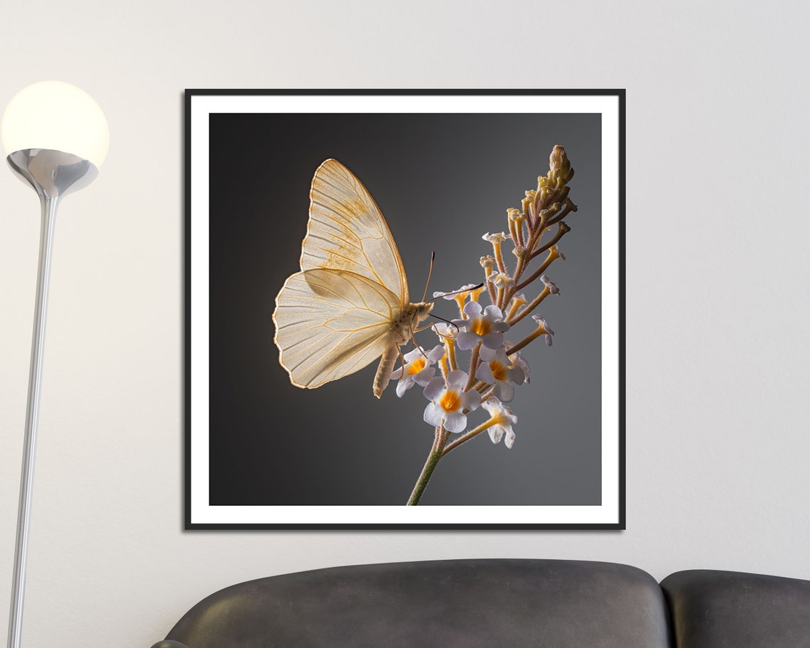 Delicate White Butterfly On Blooming Flowers Minimalist Poster - Image 5