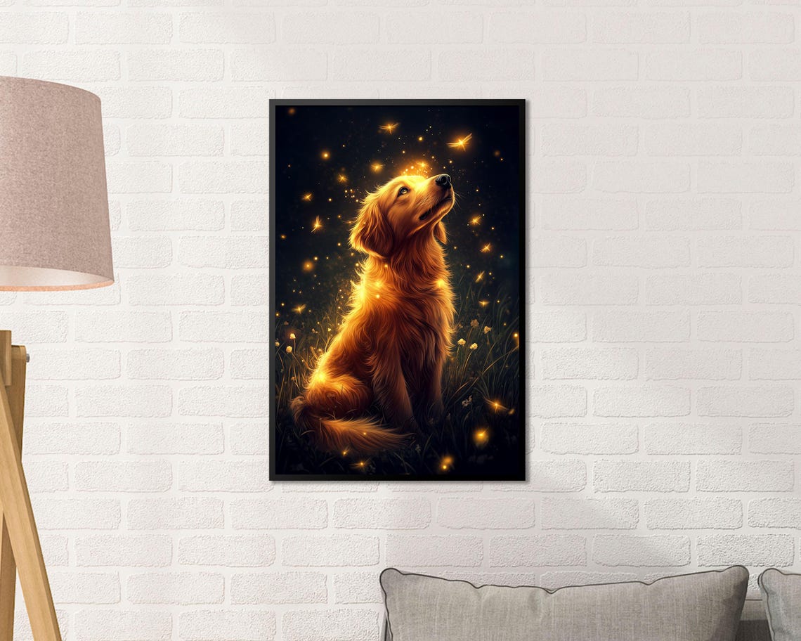 Golden Retriever Watching Fireflies Magical Night Sky Wall Art - Image 3