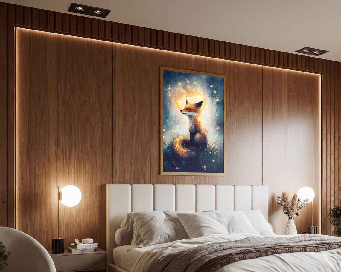 Mystical Glowing Fox With Fiery Aura Starry Night Fantasy Poster - Image 3