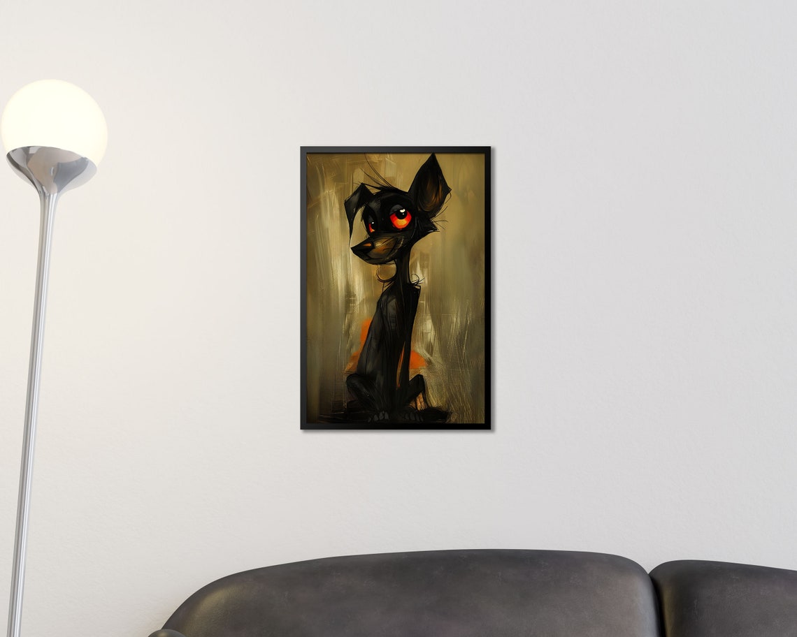 Whimsical Black Dog Glowing Orange Eyes Grunge Quirky Pet Art Poster - Image 2