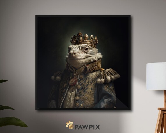 Royal Iguana King Wearing Crown Embroidered Regal Coat Portrait