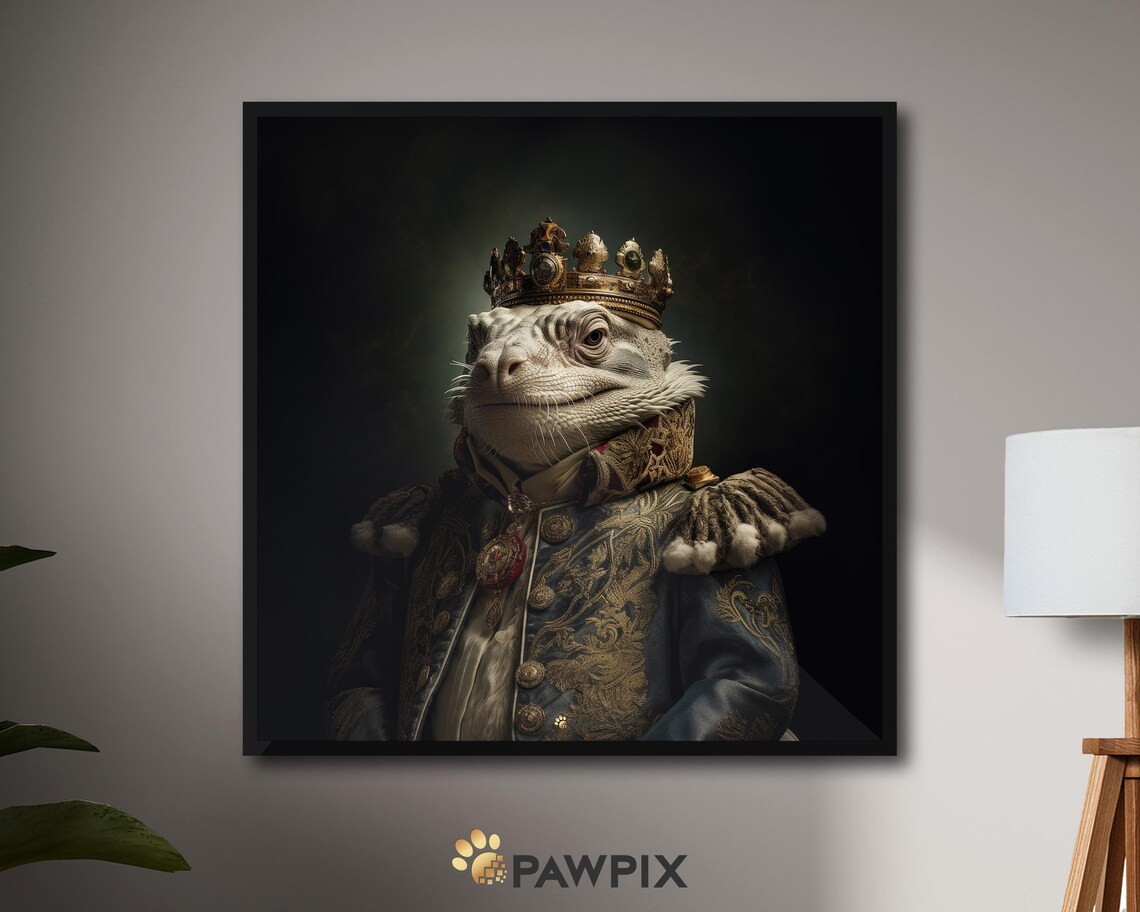 Royal Iguana King Wearing Crown Embroidered Regal Coat Portrait