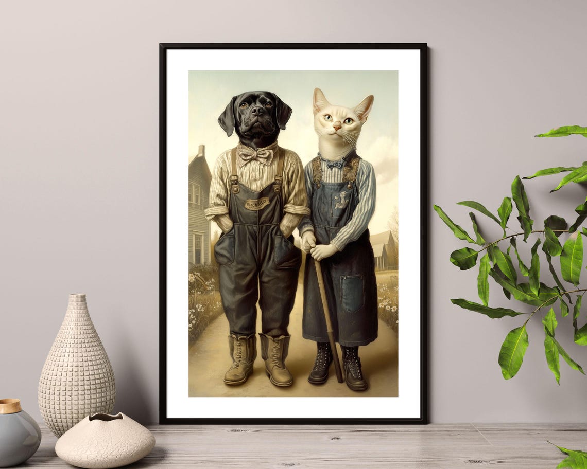 Dog And Cat In Overalls Vintage American Gothic Farm Art Poster - Image 4
