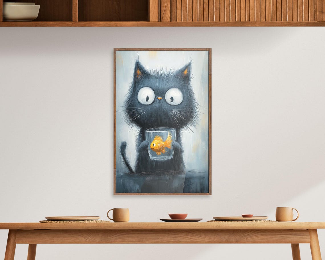 Big Eyed Black Cat Holding Goldfish Bowl Funny Kitchen Wall Art
