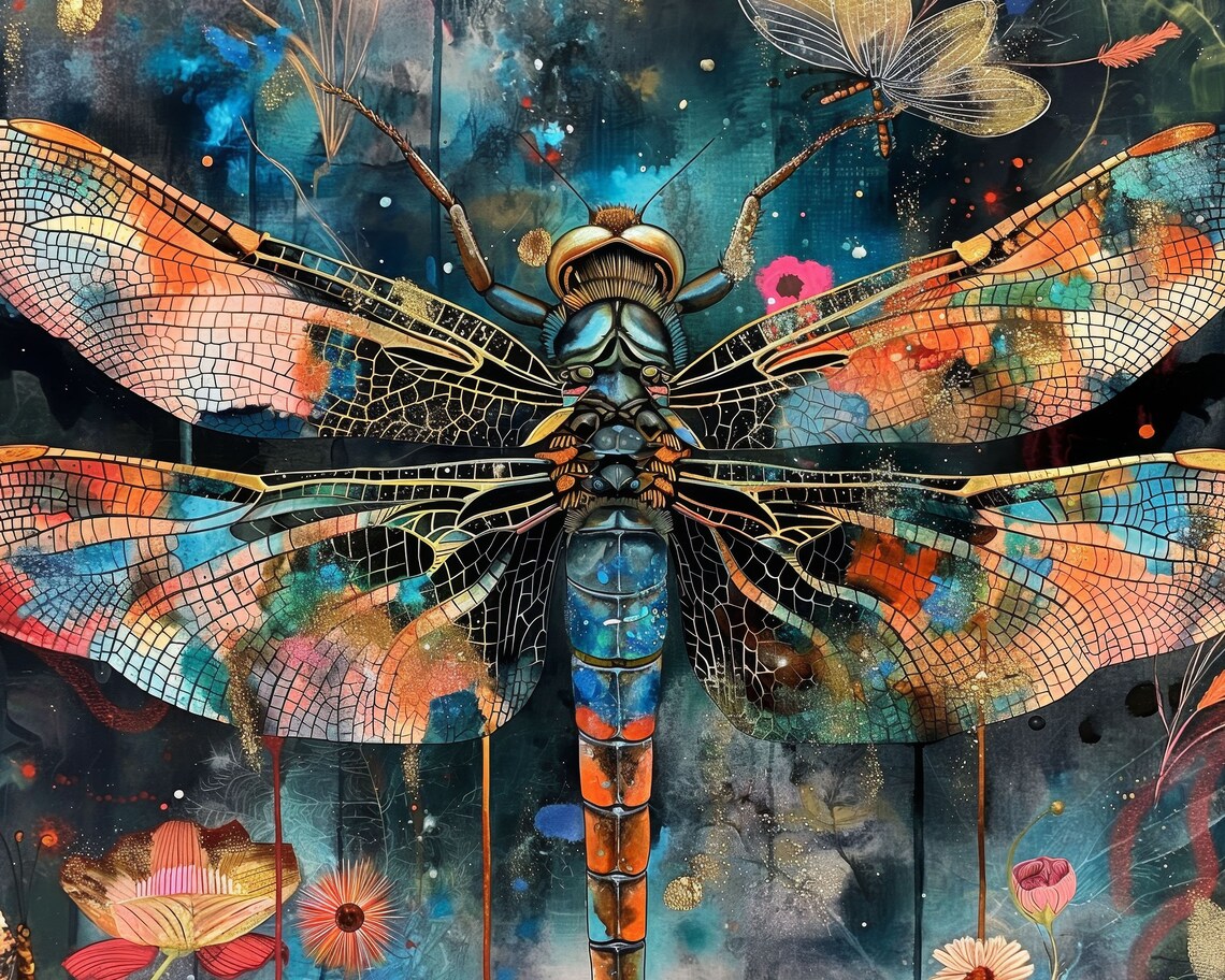 Colorful Dragonfly Dream Floral Bohemian Insect Wall Art Print - Image 2