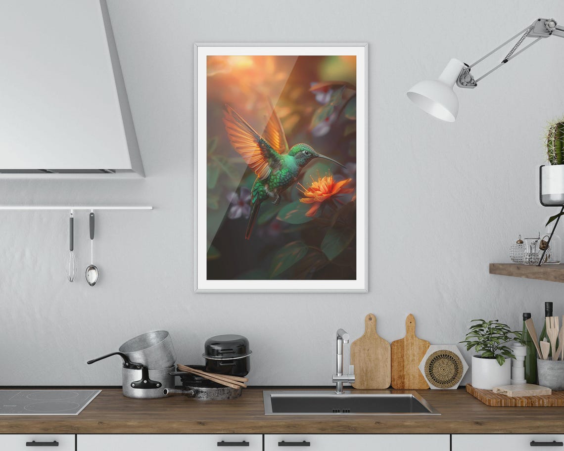 Emerald Hummingbird Hovering At Flower Golden Light Art Poster - Image 3