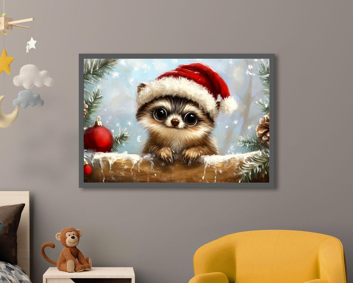 Peeking Raccoon Santa Hat Snowy Pine Branch Christmas Wall Art