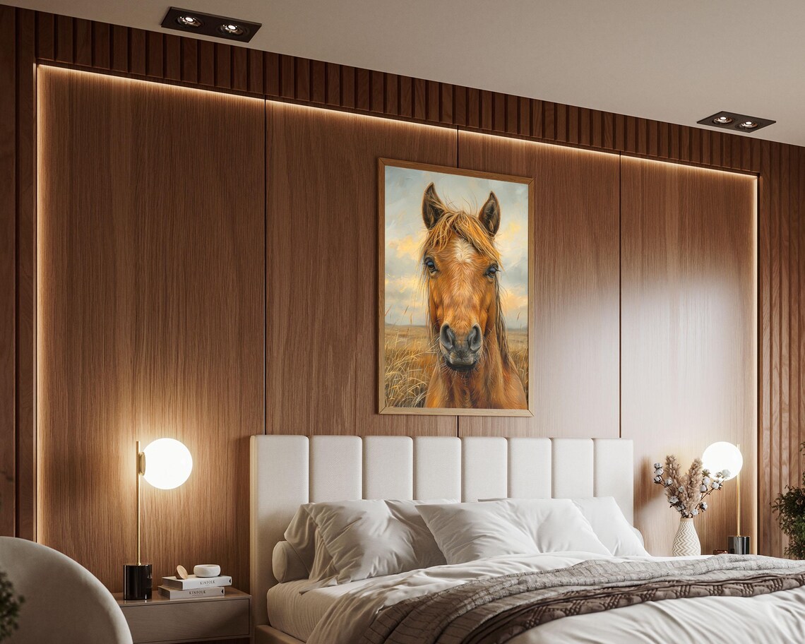 Chestnut Horse Face Portrait Golden Wheat Field Rustic Wall Art - Image 6