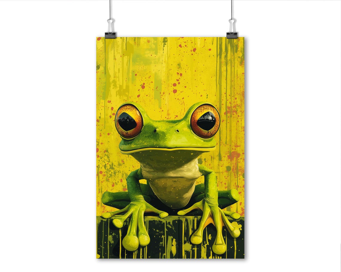 Lime Green Tree Frog Pop Art Style Bright Yellow Splatter Wall Art - Image 5