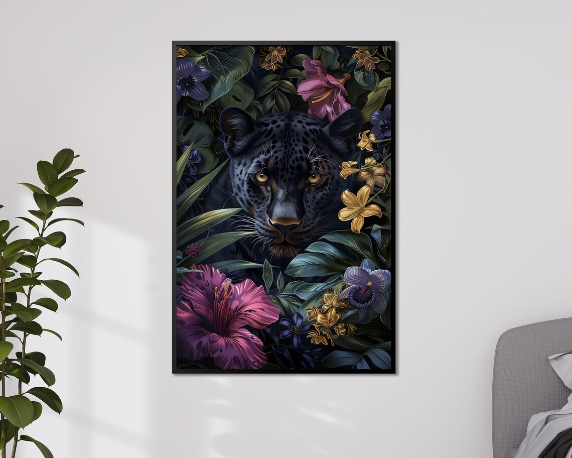 Mystical Black Leopard Among Tropical Flowers Jungle Cat Wall Art Print - Image 4