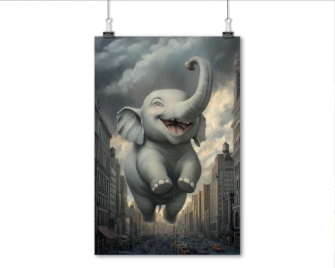 Giant Happy Elephant Flying Over City Street Surreal Wall Art - Image 4