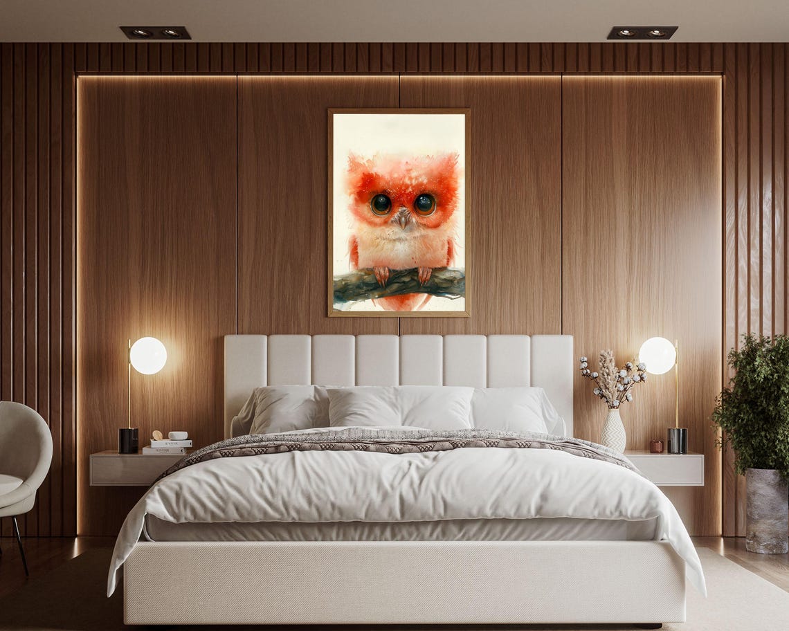 Fluffy Coral Owl Baby Watercolor Branch Cute Nursery Wall Art - Image 5