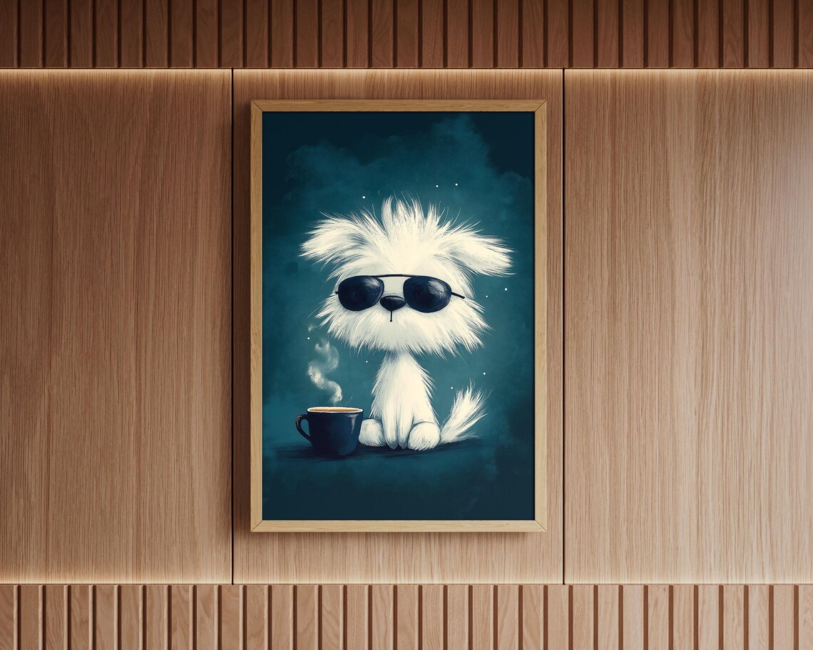 Cool White Puppy With Sunglasses And Coffee Mug Funny Dog Art Poster - Image 3