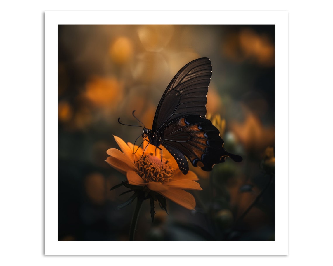 Black Butterfly On Orange Flower Moody Golden Bokeh Nature Poster - Image 4
