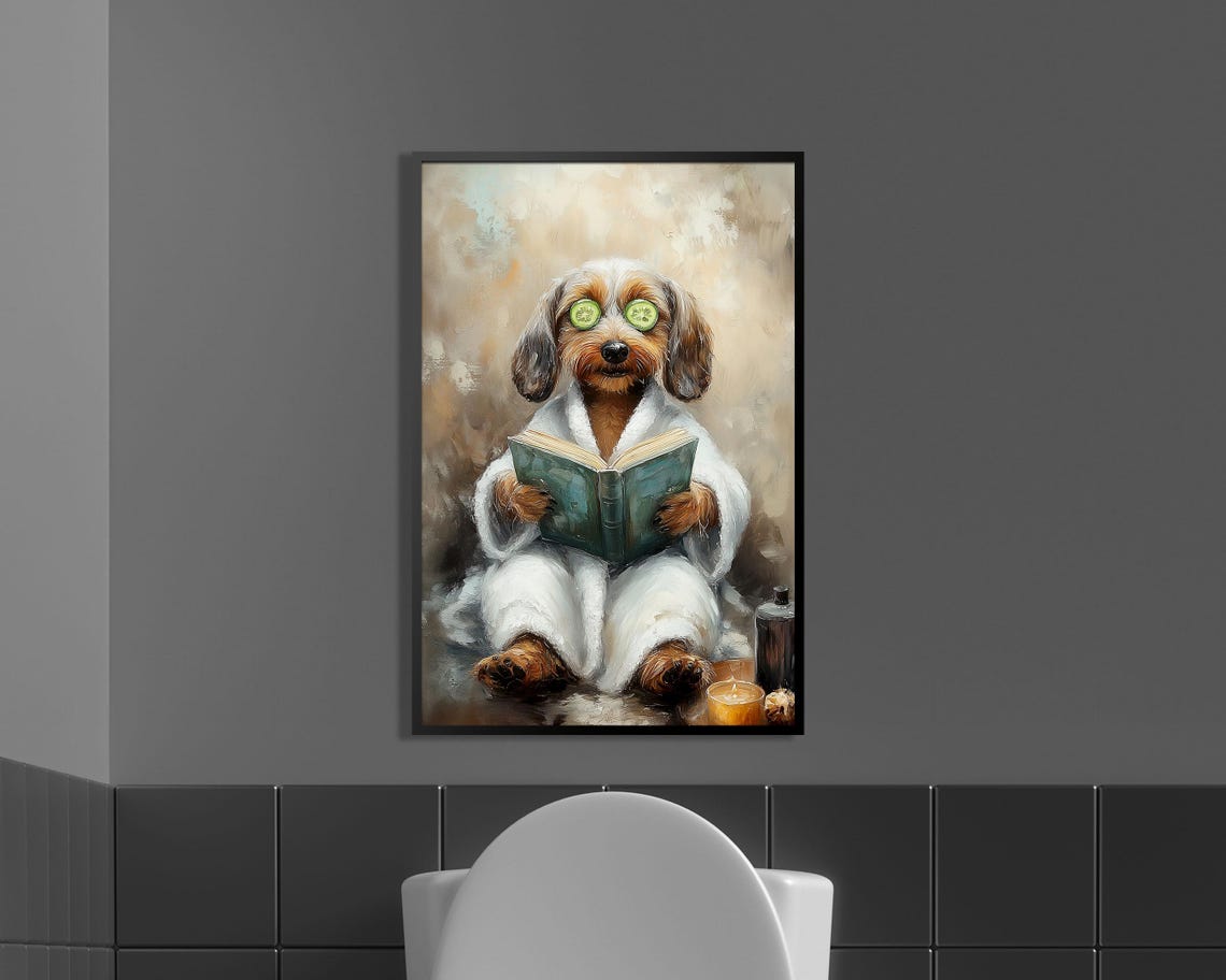 Dachshund Spa Day Bathrobe Book Cucumber Eyes Funny Bathroom Poster - Image 3