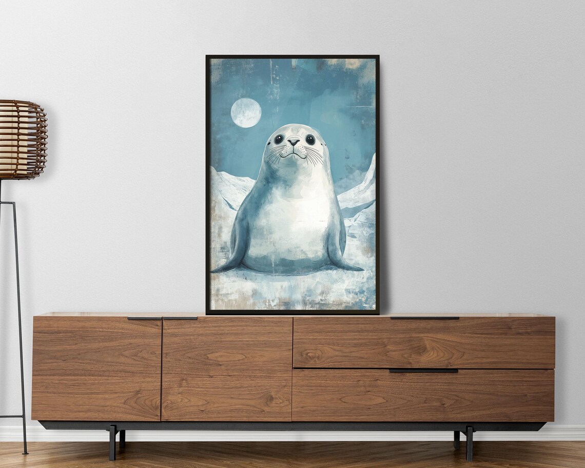 Cute Baby Seal Pup on Ice Under Moon Blue Watercolor Nursery Poster