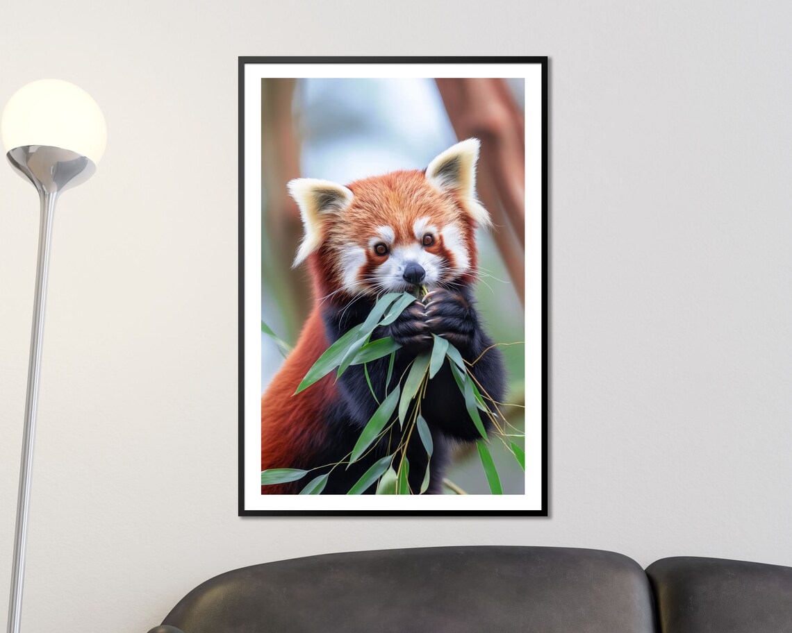 Cute Red Panda Eating Bamboo Close Up Wildlife Photography Wall Poster - Image 2