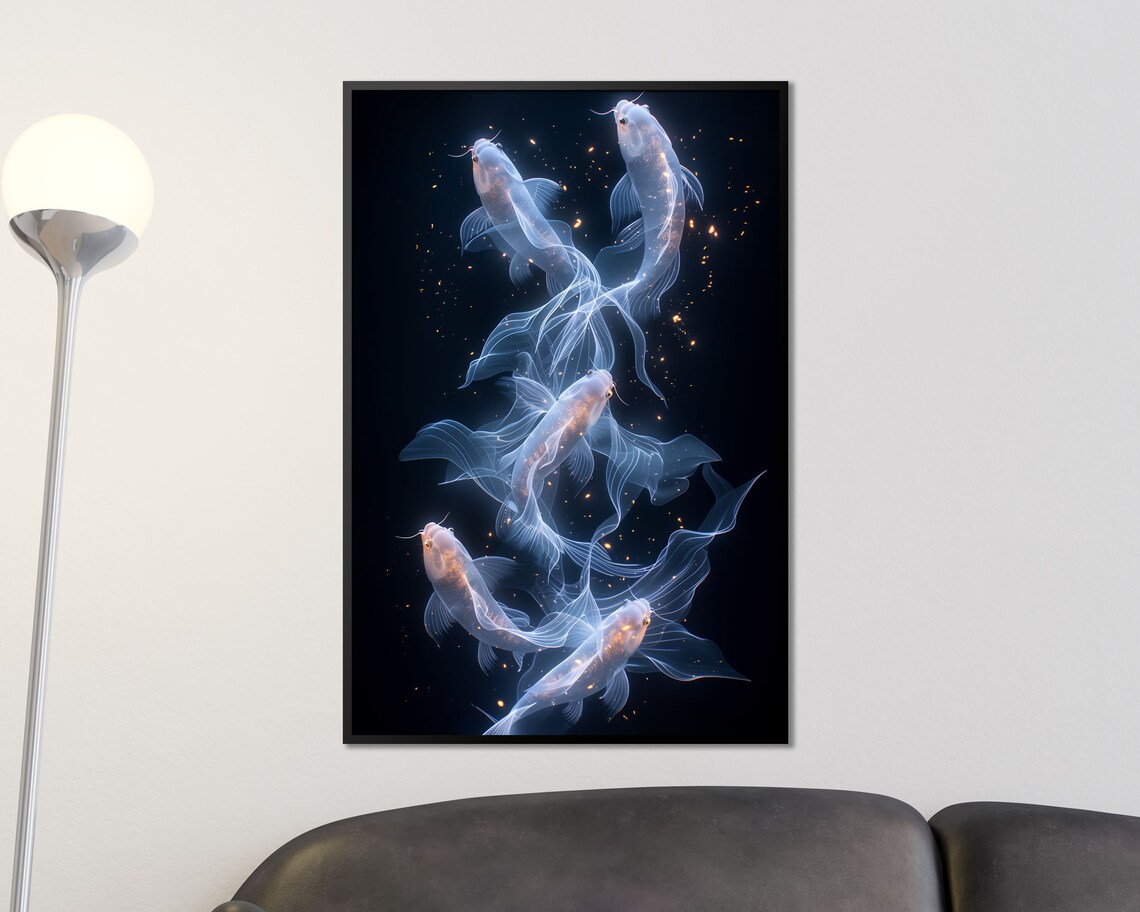 Ethereal White Koi Fish Swimming Black Background Gold Zen Art Print - Image 3