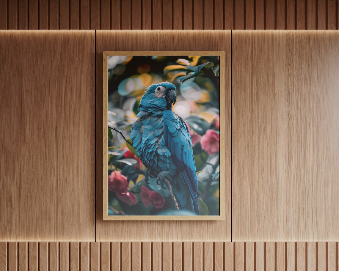 Vivid Blue Parrot Perched on Flower Branch Tropical Bird Photo Poster