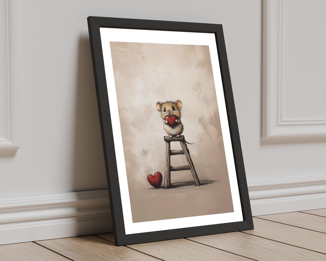 Sweet Tiny Mouse Holding Red Heart Stepladder Valentine Wall Art - Image 6