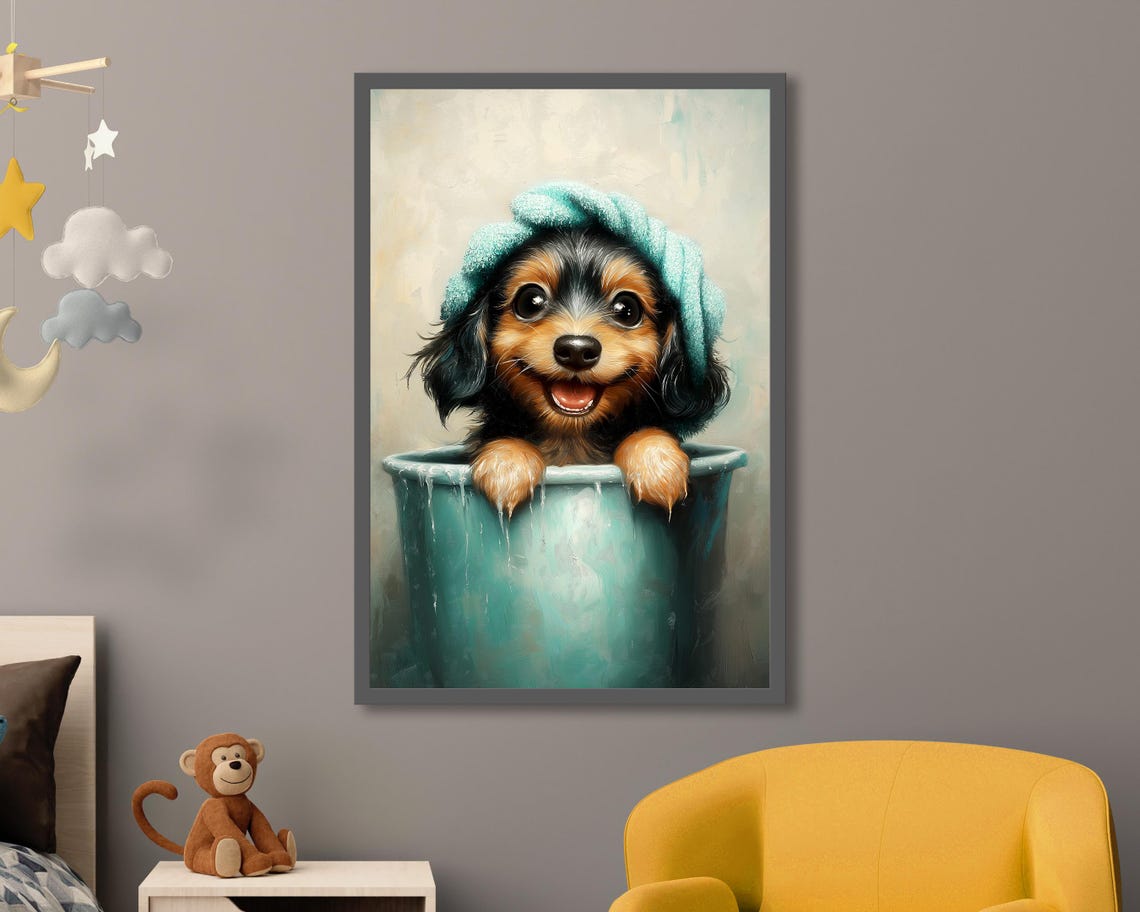 Dachshund Puppy Bath Time In Tub With Towel Cute Dog Art Poster