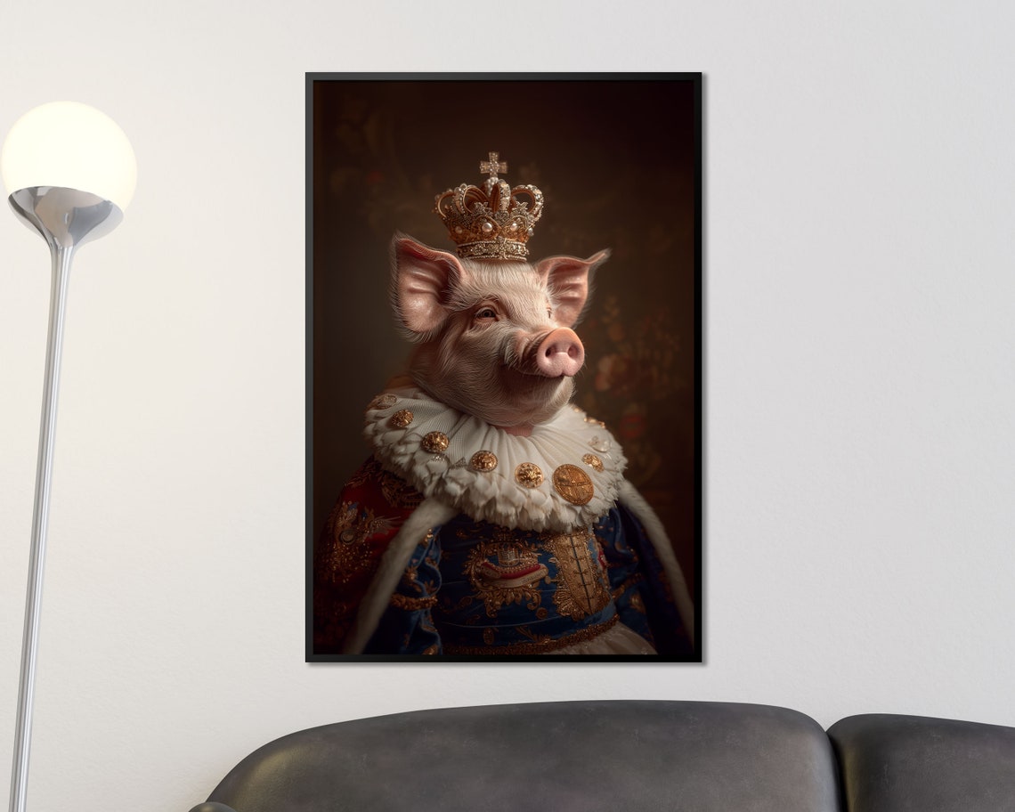 Royal Pig In Gold Crown Ruff Regal Portrait Wall Art Print Poster - Image 3