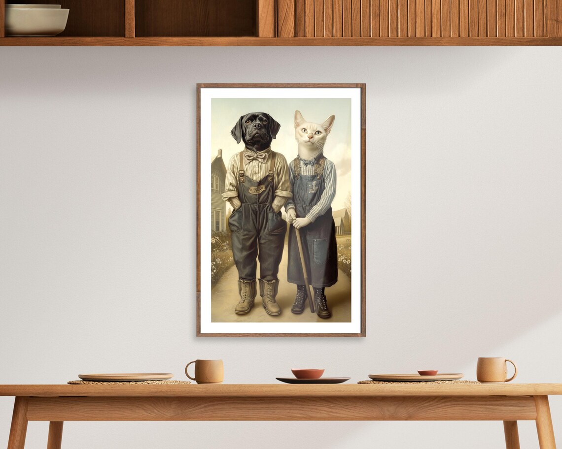 Dog And Cat In Overalls Vintage American Gothic Farm Art Poster - Image 5