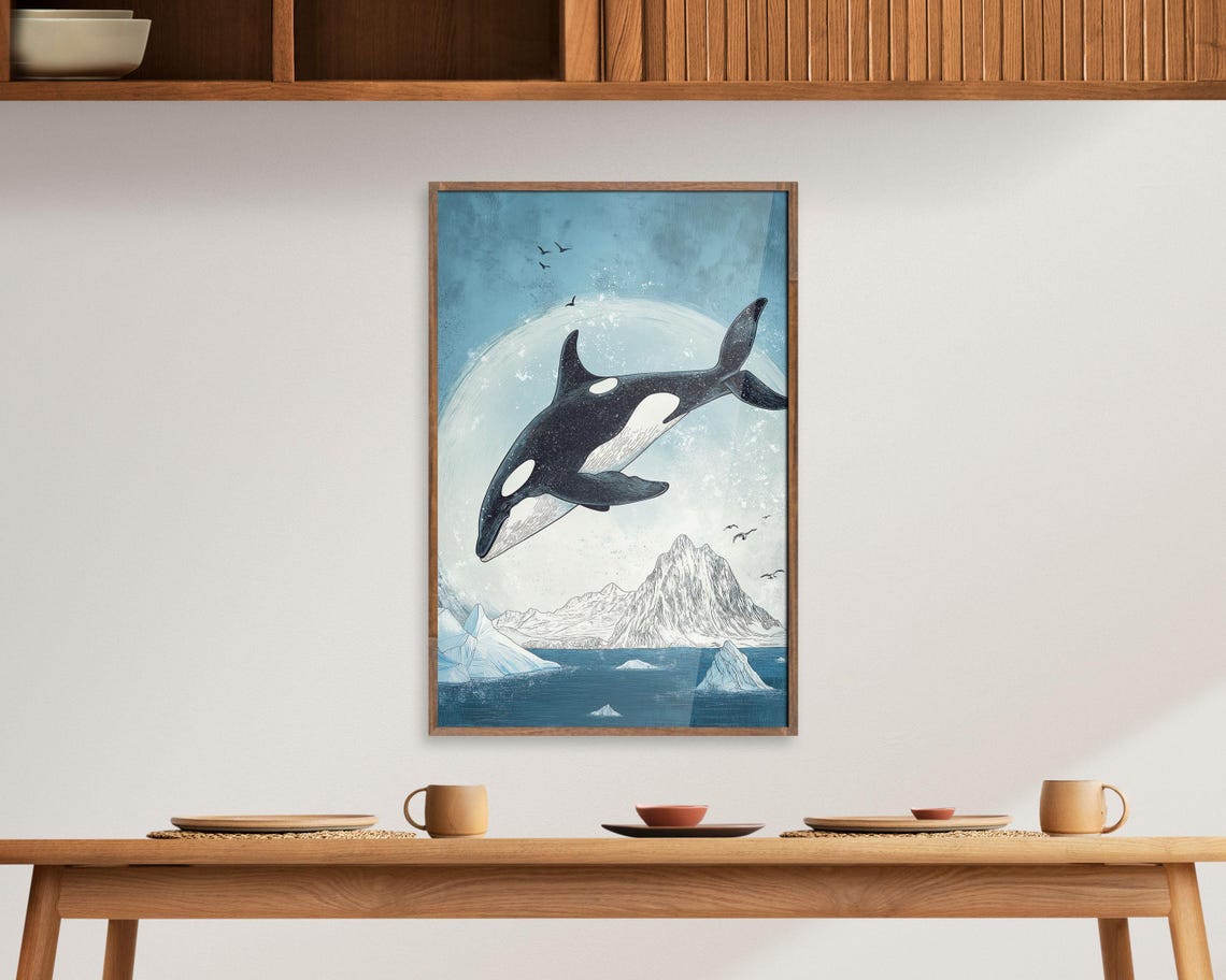 Orca Whale Leaping Over Arctic Ice Moonlit Ocean Illustration Poster - Image 2