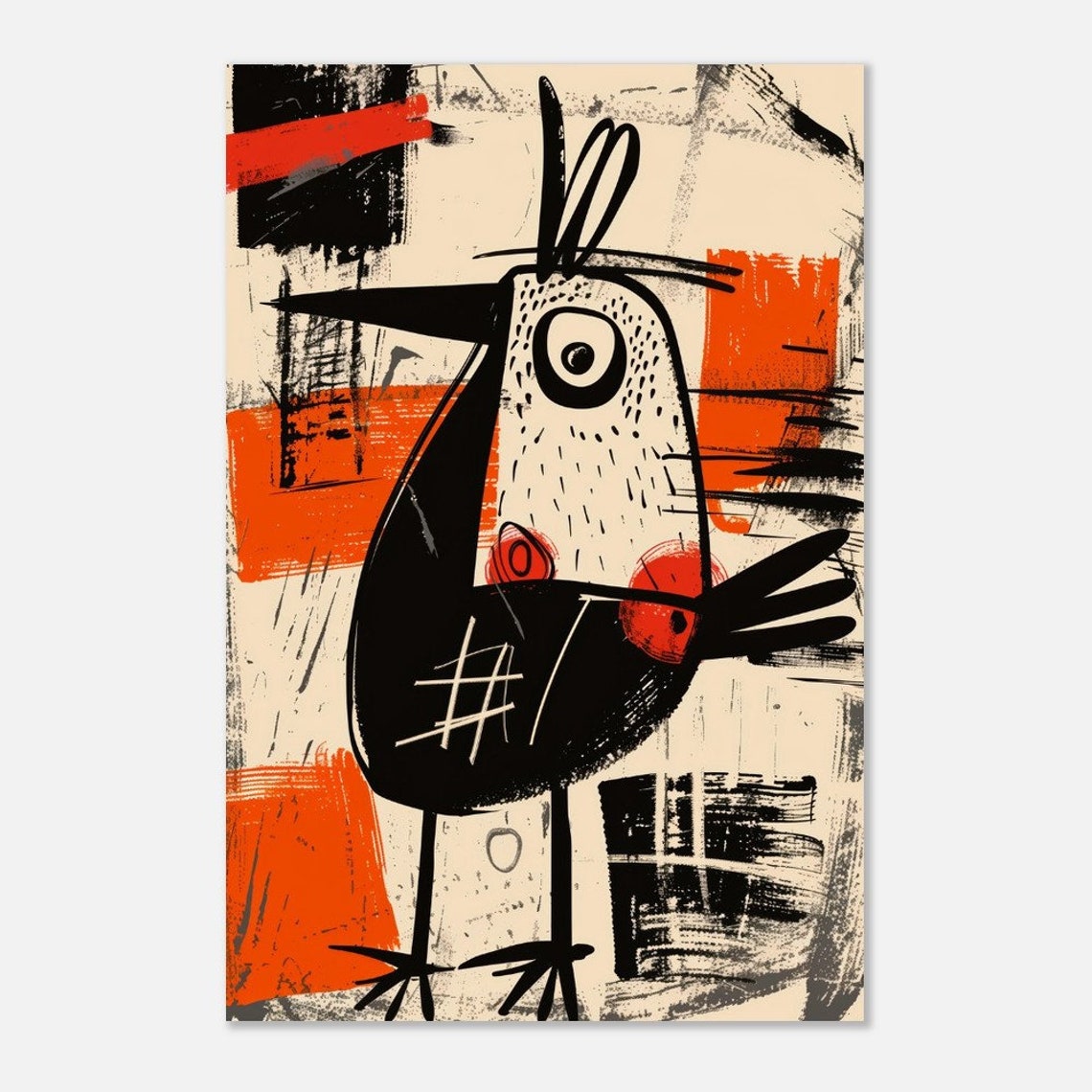 Abstract Long Beak Bird Black Cream Orange Modern Art Bird Print - Image 2