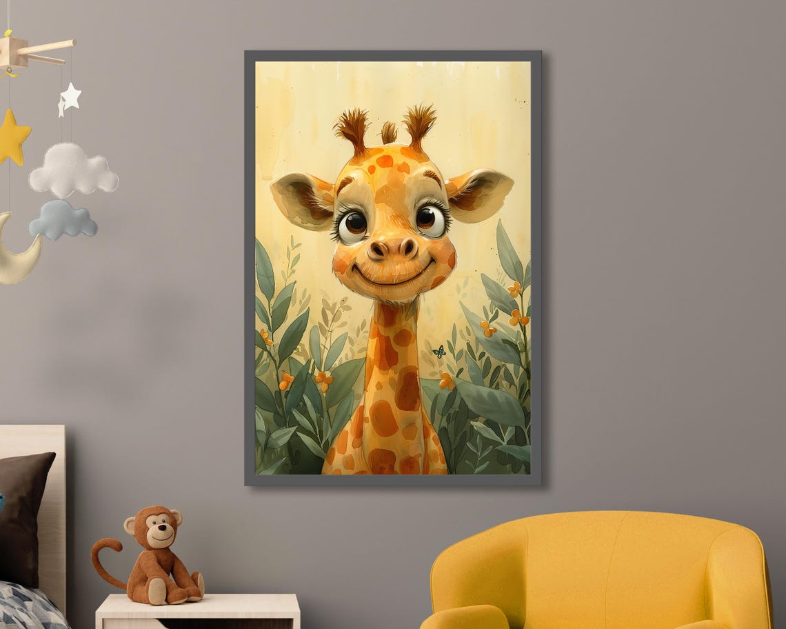 Smiling Baby Giraffe Watercolor Jungle Leaves Kids Nursery Wall Art