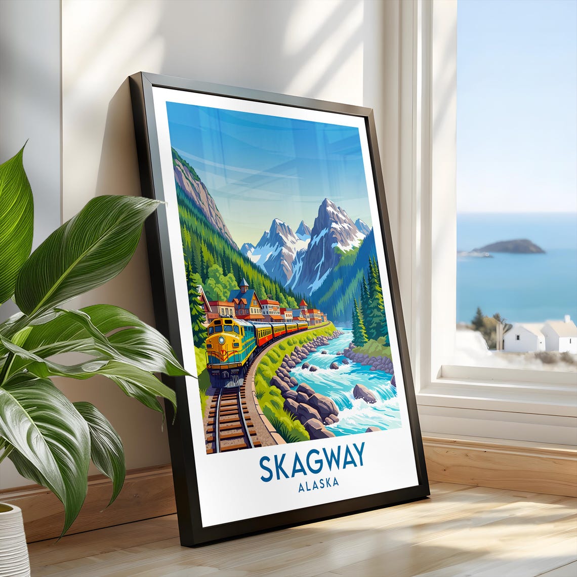 Skagway Alaska Diesel Train by River Waterfront Town Skyline Poster - Image 3