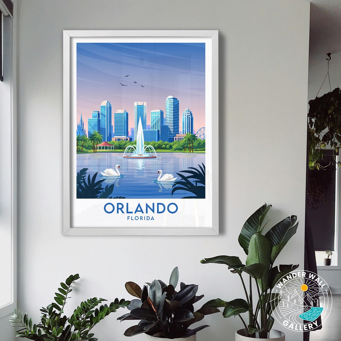 Orlando Florida Lake Fountain Swans Skyline Vintage Travel Poster - Image 3