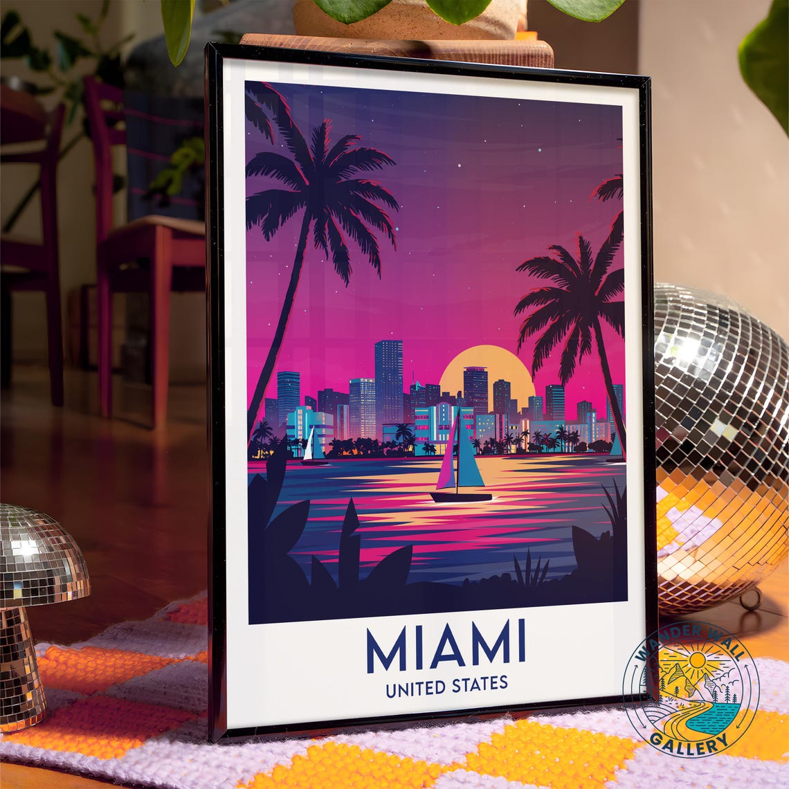 Miami Florida Night Skyline Sailboats Palms Ocean Bay Travel Poster - Image 4