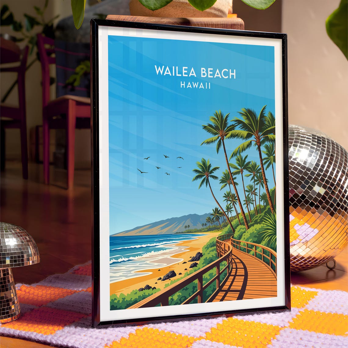 Wailea Beach Maui Hawaii Wooden Walkway Tropical Coast Scene Poster - Image 4
