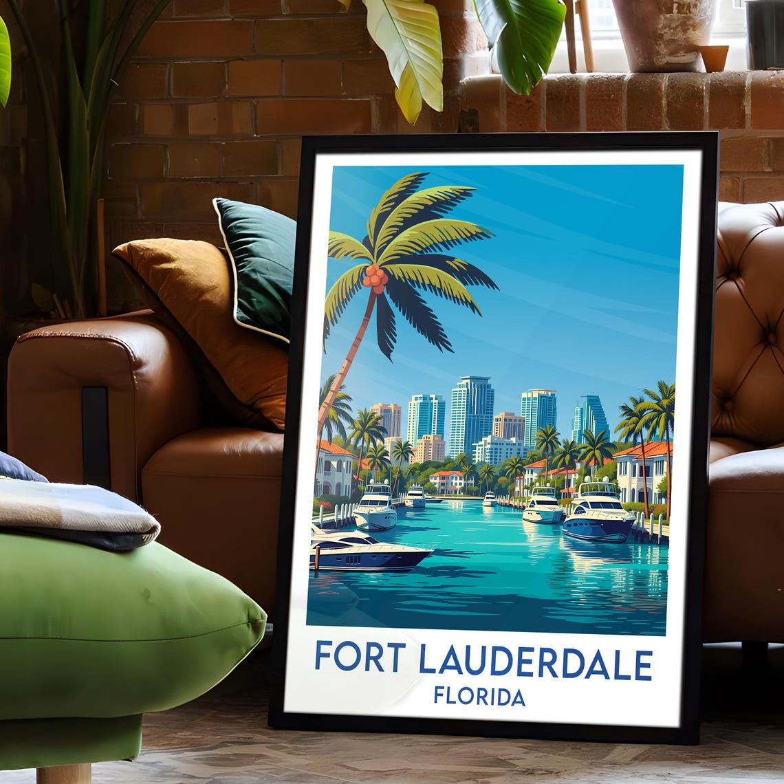 Fort Lauderdale Florida Marina Luxury Yachts Palm Skyline Poster - Image 2